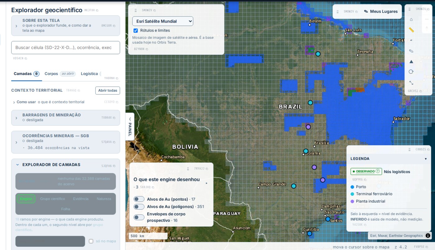 Explorador geocientífico com alvos de ouro sobre o território brasileiro